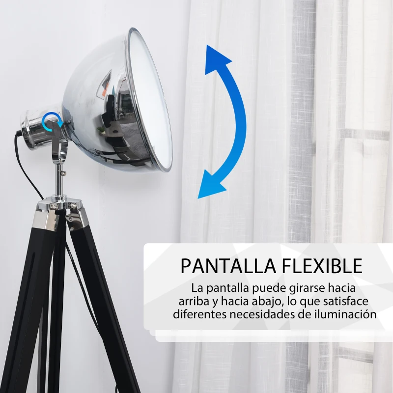 HOMCOM Lámpara de Pie Trípode Lámpara de Suelo Industrial y Retro con Altura Ajustable Interruptor de Pedal Pies Antideslizantes 65x65x100-140 cm Negro
