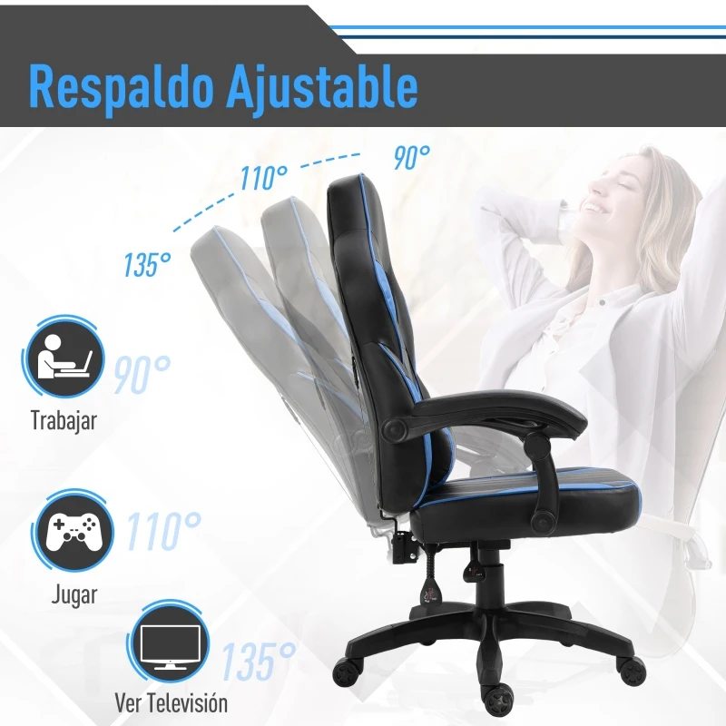 Vinsetto Silla de Oficina Ergonómica Ajustable en Altura Reclinable hasta 135° Silla Gaming Racing con Respaldo Alto Reposabrazos Regulable Asiento Acolchado 64x69x119-129 cm Azul