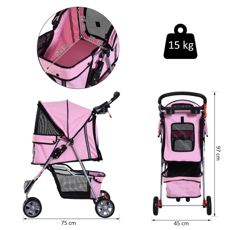 PawHut Cochecito Plegable Mascotas 75x45x97cm Perros Gatos Carrito Ruedas giran 360 grados Rosa