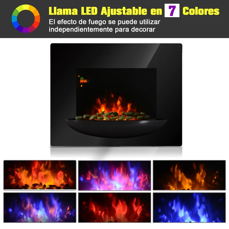 HOMCOM Chimenea Eléctrica de Pared Estufa Eléctrica Calentador de Fuego 900/1800W con Mando a Distancia Termostato Llama LED 7 Colores 66x52x15.5cm