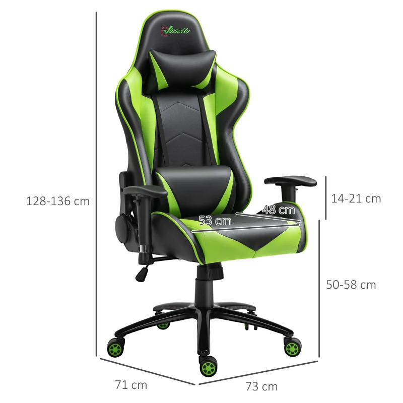 Vinsetto Silla Gaming Giratoria Silla Gamer Reclinable Tapizado en Cuero Sintético Altura Ajustable 73x71x128-136 cm Verde