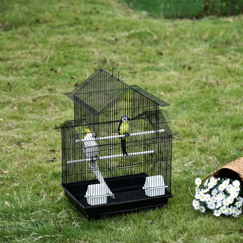 PawHut Jaula para Pájaros de Metal Pajarera con Bandeja Extraíble para Canarios 2 Comederos y Perchas Pinzones Periquitos 51x40x67 cm Negro