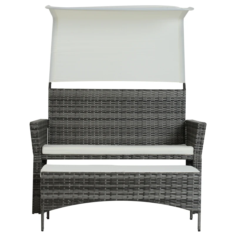 Sofá de Ratán Dos Plazas Sillón Mueble para Jardín Terraza con Reposapiés Extraíble Toldo Cojín Desmontable 126x75x150cm Gris