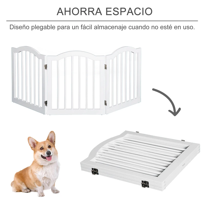 PawHut Barrera de Seguridad Modulable para Mascotas de 3 Paneles Pantalla Barrera de Protección con Sistema Flex de Madera Maciza 154,5x1,8x61 cm Blanco