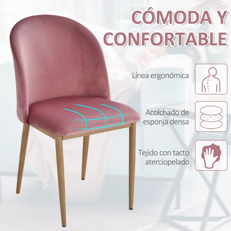 HOMCOM Juego de 2 Sillas de Comedor de Terciopelo Suave Silla de Salón Estilo Nórdico Moderno con Respaldo Ergonómico Acolchado y Patas de Metal 50x58x85 cm Rosa