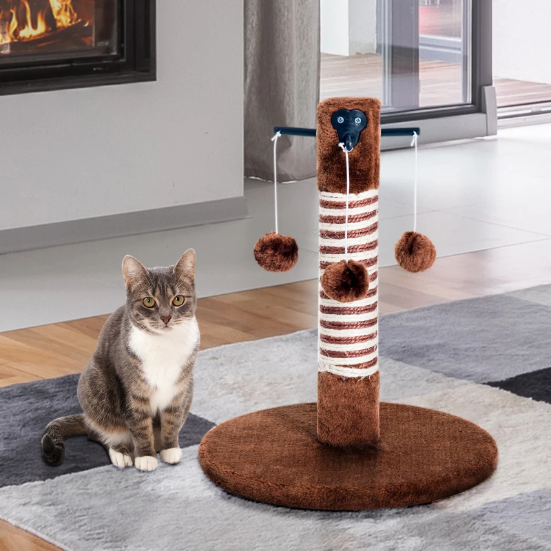 PawHut Poste Rascador para Gato Rascador Árbol para Arañar 3 Bolas de Juego Cubierta de Felpa Sisal Natural 34x34x42cm Marrón