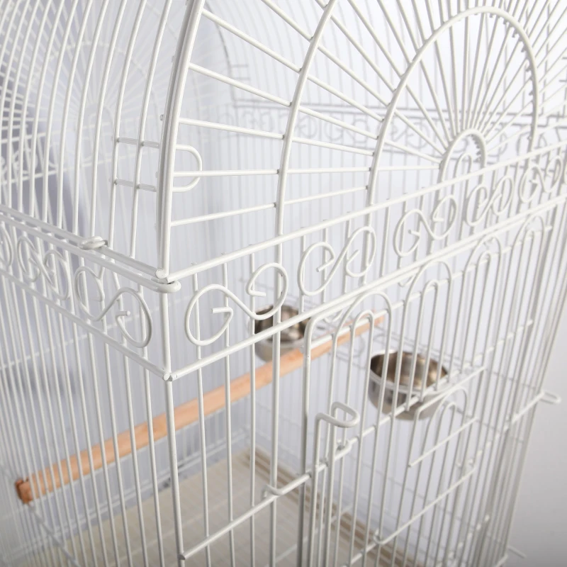 PawHut Jaula de Pájaros con Ruedas Jaula de Aves Exterior con Bandeja Extraíble Rejilla 2 Cuencos de Acero Inoxidable Estante y Percha para Periquitos 54x54x153 cm Blanco