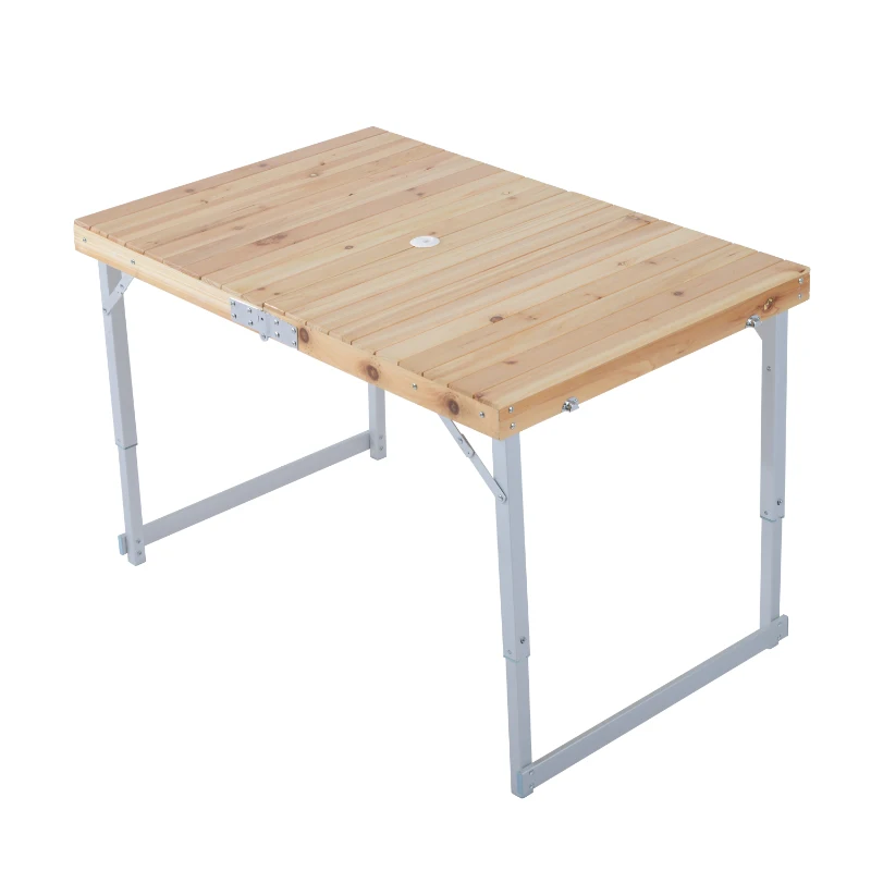 Mesa Portátil y Plegable para Camping y Picnic - Madera Natural y Aluminio - 104x67x49/68cm
