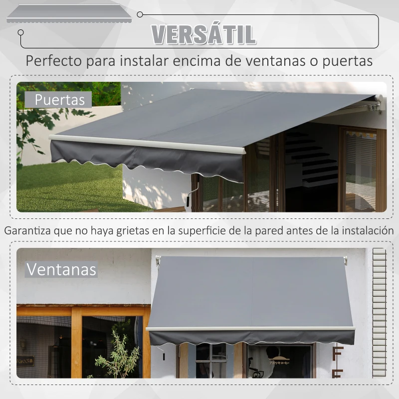 Outsunny Toldo Terraza 2,95x2,45m Balcón Patio Toldo Manual Plegable de Aluminio con Manivela Impermeable Protección Solar UV para Jardín Exterior Aluminio Acero Tela de Poliéster Color Gris
