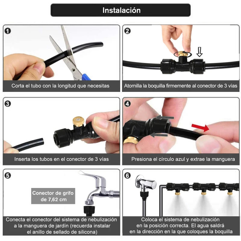 Rociador de Agua para Jardines Sistema de Enfriamiento por Nebulización Diferentes Boquillas Grifo de Latón para Patio al Aire Libre Kit Difusor Negro 12 m