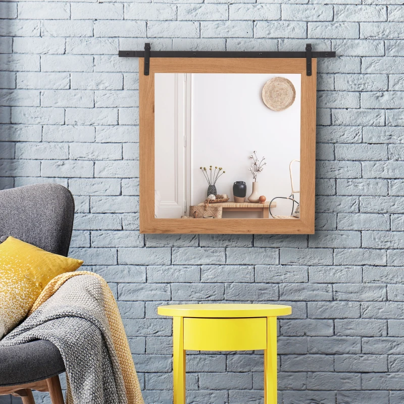 HOMCOM Espejo de Baño Montado en la Pared con Diseño de Puerta Corrediza de Granero para Aseo Maquillaje y Afeitado 84x2x74 cm Madera y Negro