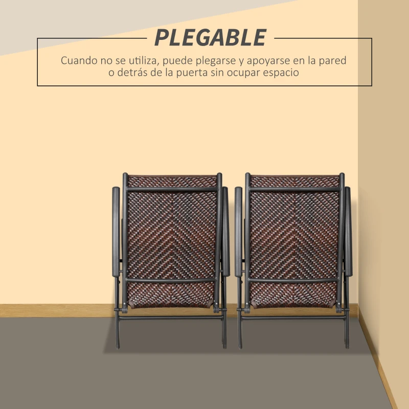 Outsunny Set de 2 Sillas Plegables de Ratán Jardín con Respaldo Alto y Ajustable de 7 Posiciones para Patio Terraza Exteriores 57x67,5x104 cm Marrón