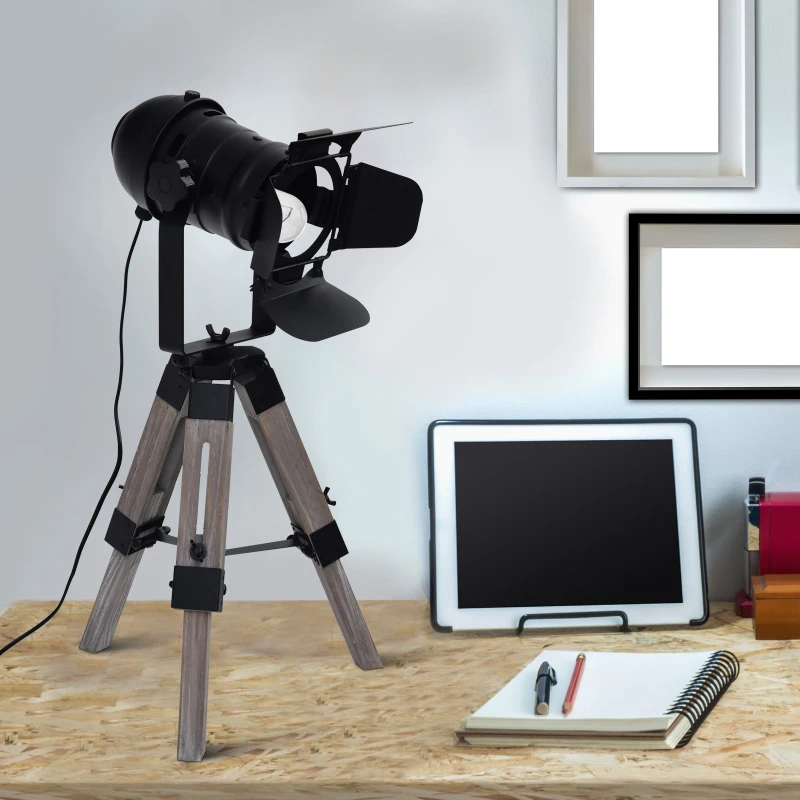 HOMCOM Lámpara de Mesa Lámpara de Pie Trípode Portátil Diseño Retro Clásico Foco Reflector con Altura y Ángulo Ajustable Acero Pino 30x30x55-65 cm Negro