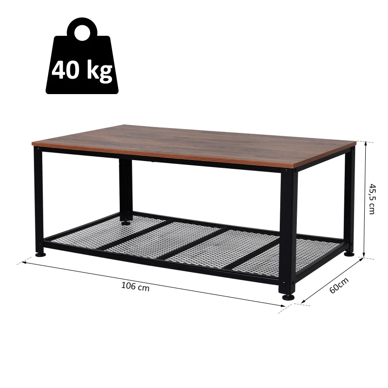 HOMCOM Mesa de Centro con Estante de Malla para Sala Dormitorio Estilo Industrial Retro Acero y Madera Carga 40 kg 106x60x45cm Marrón y Negro