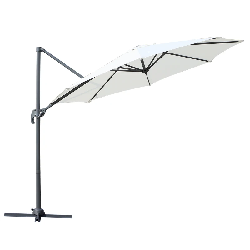 Outsunny Sombrilla de Aluminio Jardín Ø300x250 cm Parasol Excéntrico con Rotación 360° Inclinación de 6 Niveles con Manivela Ventilación y Base Cruzada para Patio Terraza Crema