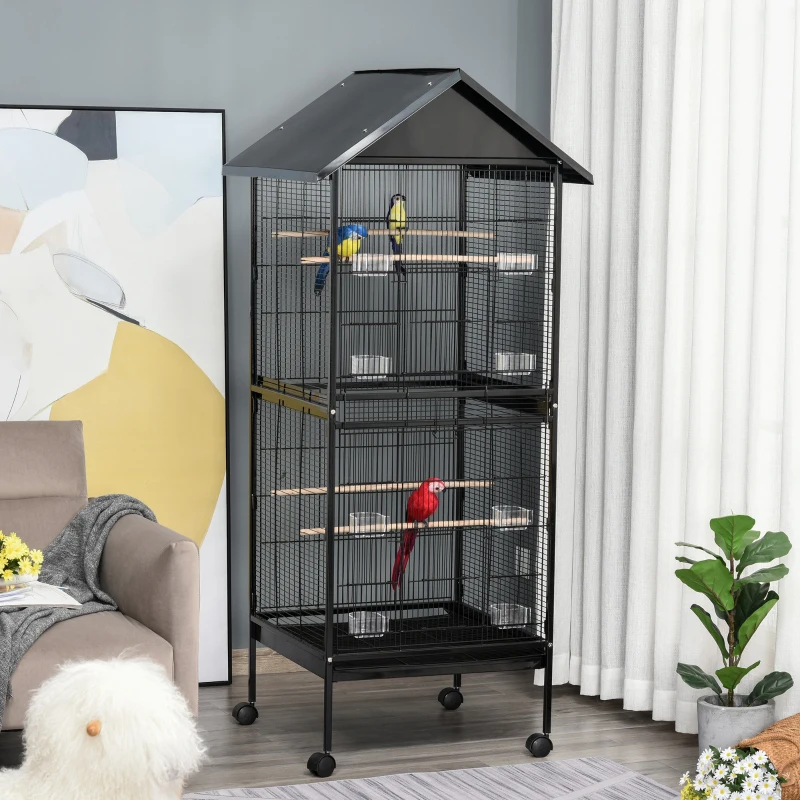 PawHut Jaula para Pájaros Grande de 2 Pisos Convertible en Sola Jaula con Ruedas 8 Comederos 4 Perchas y Bandejas Extraíbles para Canarios Loros 71,5x72x170 cm Negro
