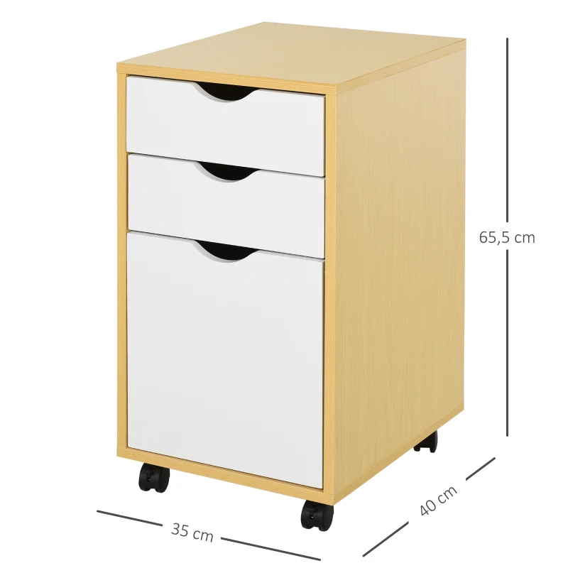 HOMCOM Gabinete de Archivo Armario Aparador para Oficina Estudio con 3 Cajones 4 Ruedas Giratorias Diseño Minimalista Nórdico Antideslizante Carga Total 30 kg 35x40x65,5 cm Madera Blanco