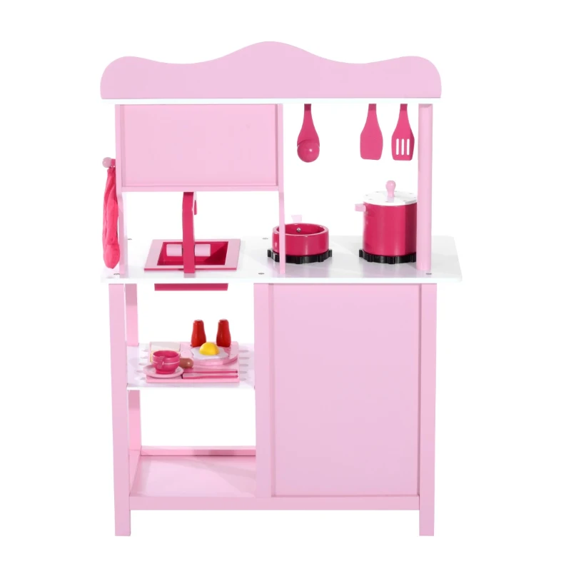 HOMCOM Cocina de Juguete para Niños Set Juego Cocinita Madera Infantil 3 Años Juego de Imitación 60x30x84.5cm Rosa
