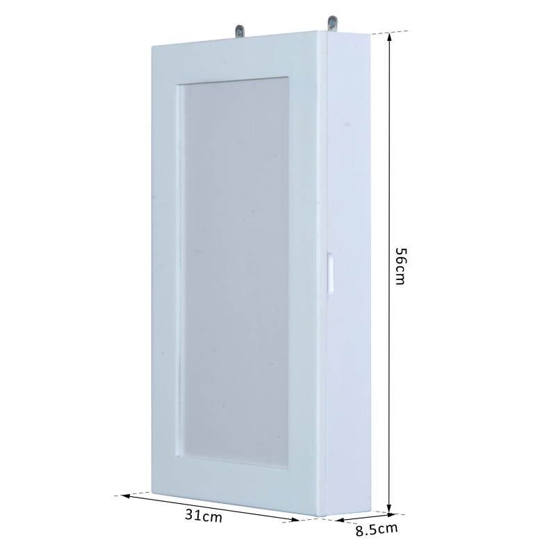 HOMCOM Joyero de Madera Armario para Joyas para colgar en Pared Altura 56cm con Espejo y Marco para Fotos Color Blanco Lacado