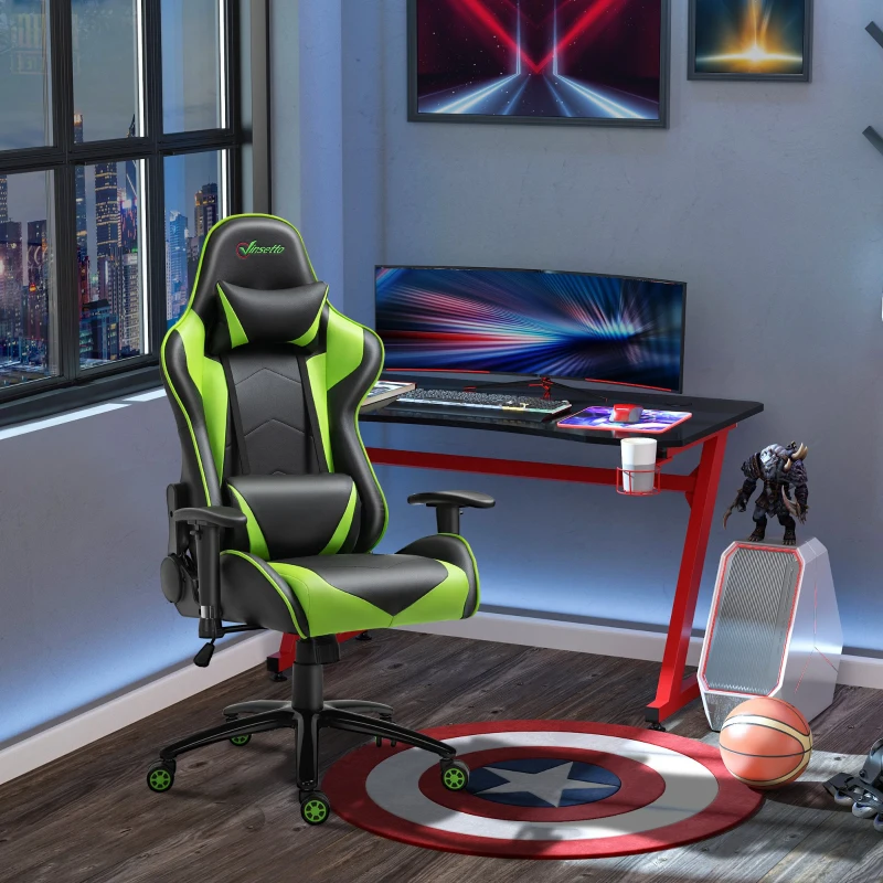 Vinsetto Silla Gaming Giratoria Silla Gamer Reclinable Tapizado en Cuero Sintético Altura Ajustable 73x71x128-136 cm Verde