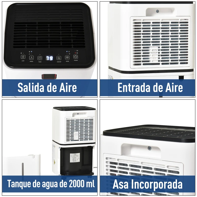 Deshumidificador Eléctrico para Habitación Portátil con Tanque de 2000 ml Temporizador Ruido Bajo Apagado Automático 178W 15-25 m² Blanco