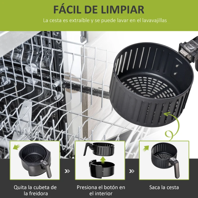HOMCOM Freidora sin Aceite 3.5 L Freidora de Aire Inteligente 1500W con Pantalla LED Táctil 7 Programas Temporizador Temperatura Ajustable y Apagado Automático 34,4x28,1x30,6 cm Negro