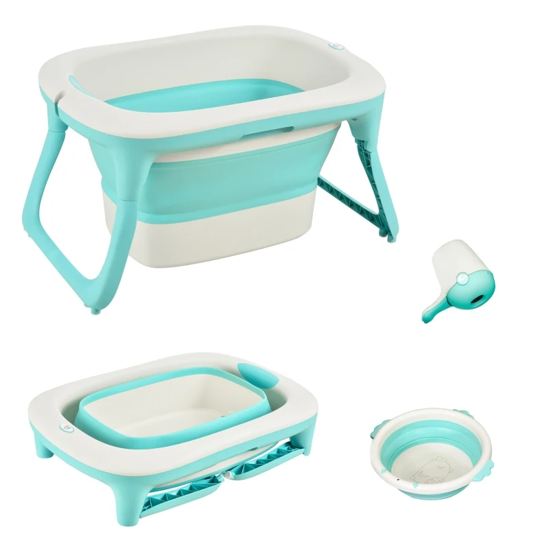 HOMCOM Bañera para Bebé Plegable 3 en 1 Juego de Ducha para 0-3 Años Portátil Bañera Lavabo Taza de Champú Ergonómico con Base Antideslizante 84,5x50,5x24 cm Turquesa