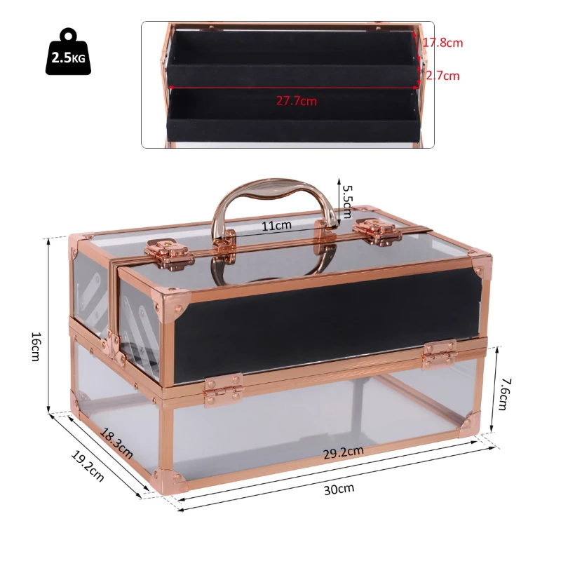 HOMCOM Estuche de Maquillaje Transparente Organizador Cosméticos Profesional Maletín para Maquillaje Caja de Belleza Portátil 3 Bandejas Extensible con Cerradura 30x19.2x16cm Acrílico