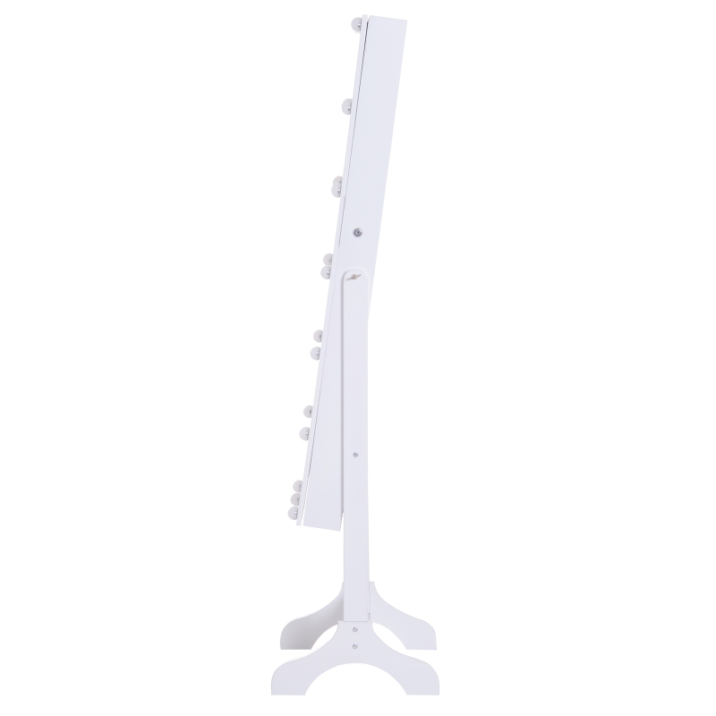 HOMCOM Joyero de Pie con Espejo Armario para Joyas 16 Luces LED Reclinable Guardajoyas Anillos Pendientes Collares Cerradura Madera 49x40x157.5cm Blanco