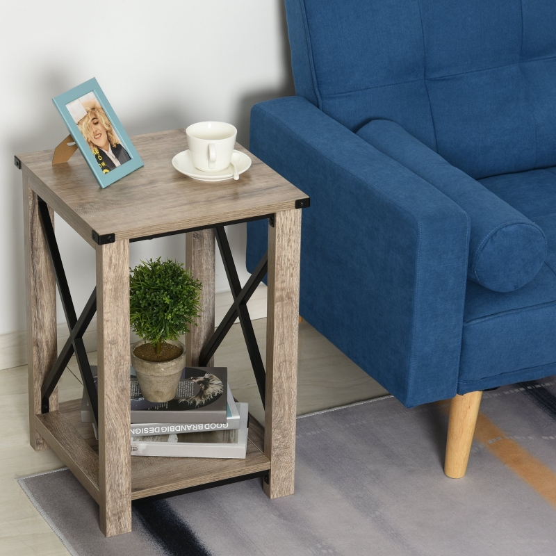 HOMCOM Mesa Auxiliar Mesa de Café Estilo Retro Industrial con Estante Inferior de Almacenaje Multifuncional Marco de Forma X 40,5x40,5x60 cm