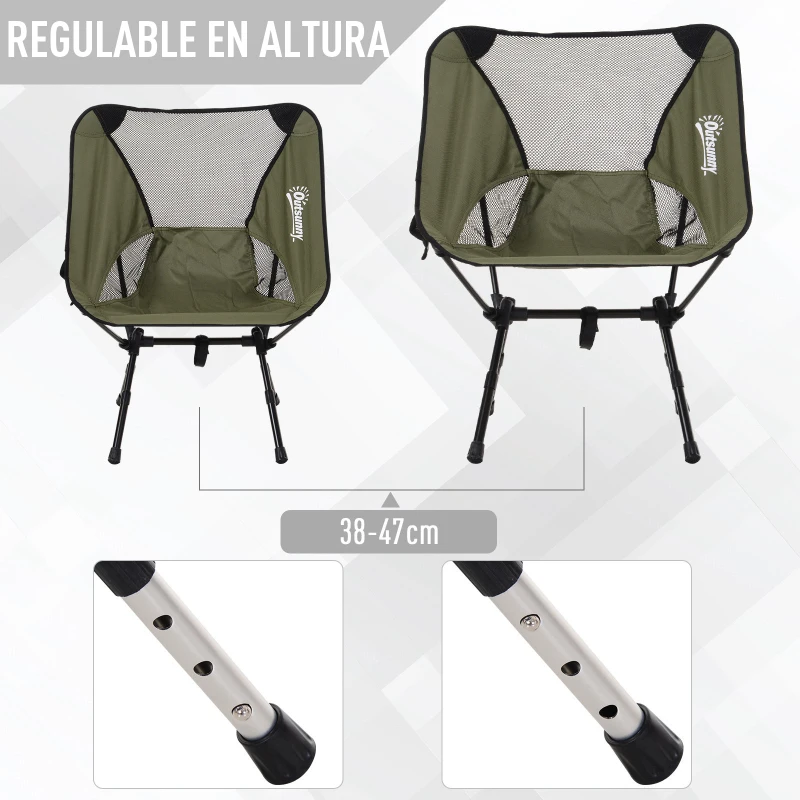 Silla de Camping Plegable con Bolsa de Transporte Altura Ajustable Ligera Sporta hasta 120kg Aluminio y Poliéster 58x49x55-64 cm Verde