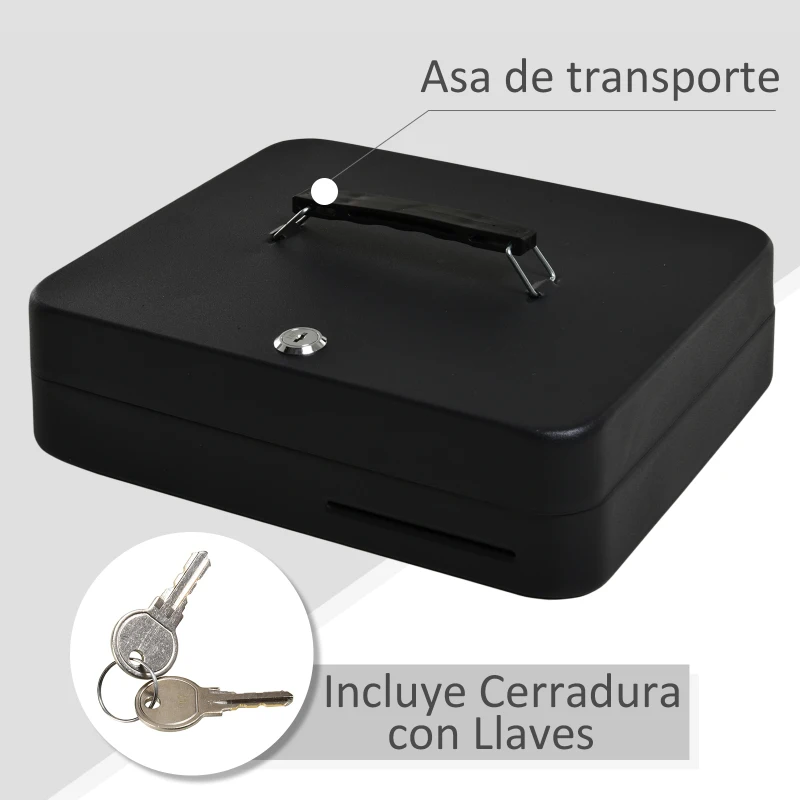 HOMCOM Caja de Efectivo con Bandeja para Dinero 4 para Billetes Múltiples Comportamientos Cerradura con Llave de Alta Seguridad Agujero Conveniente Manija Acero 30x24x9 cm Negro