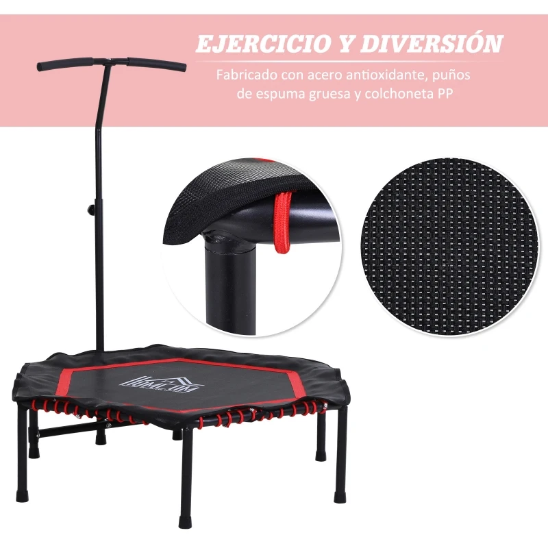 HOMCOM Trampolín Profesional Cama Elástica Multifuncional Hexagonal para Entrenamiento de Fuerza 122/130/138cm Manillar Regulable 3 Niveles Altura Rojo