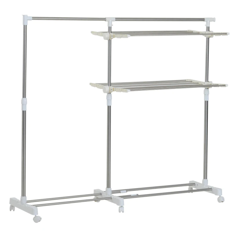 HOMCOM Perchero Burro Ajustable de Ropa Perchero Multiuso con Ruedas y Frenos Tendedero para Secado de Ropa Tubos de Acero Inoxidable 172x55x158cm