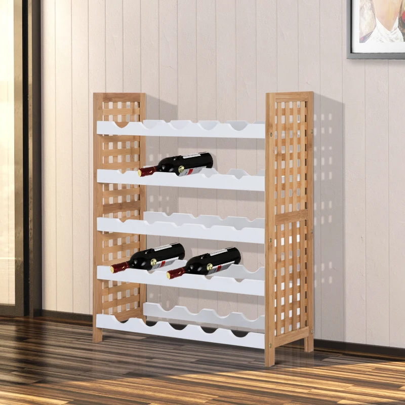 HOMCOM Botellero Bambú para 25 Botellas Estante de Vino Botellero Madera Apilable 5 Baldas Estantería para Apilar Cocina Sala de Estar 63x25x76cm Blanco