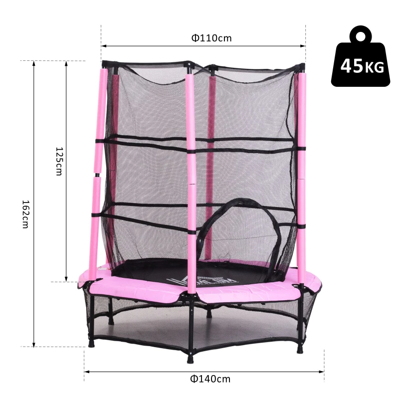 HOMCOM Cama Elástica Infantil Trampolín para Niños con Red Protectora Puerta con Cremallera +3 Años para Interiores y Exteriores Marco Acero 140x140x158 cm Rosa