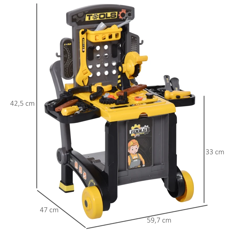 HOMCOM Banco de Herramientas Diseño 3 en 1 para Niños Mayores de 3 Años Juego de Imitación Infantil 60 Piezas 59,7x47x42,5 cm Amarillo y Negro