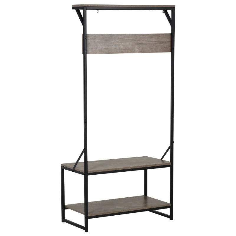 HOMCOM Perchero de Pie con Zapatero de Entrada Espacio de Almacenaje con 4 Ganchos Banco para Cambio de Zapatos Estantes Diseño Anti-Vuelco 80x40x170 cm Roble