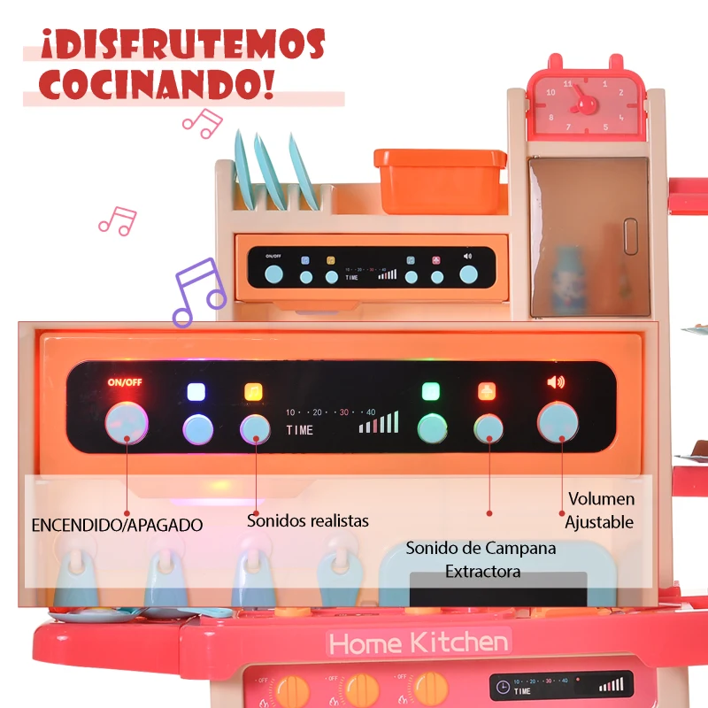 HOMCOM Cocinita para Niños con Luces Música Absoluta Funciones de Agua Cocina de Juguete Infantil 65 Piezas Alimentos Cubiertos +3 Años 71x28,5x93,5 cm Rosa