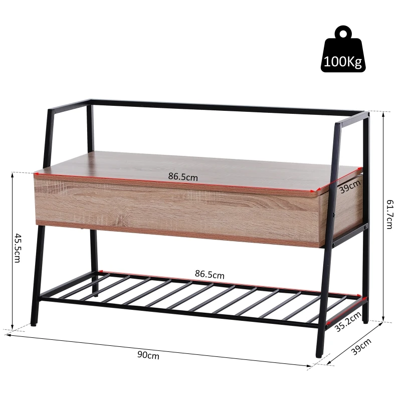 Banco Zapatero para Recibidor con Estante Inferior y Compartimentos para Almacenaje 90x39x61.7 cm Estilo Industrial Color Negro y Roble
