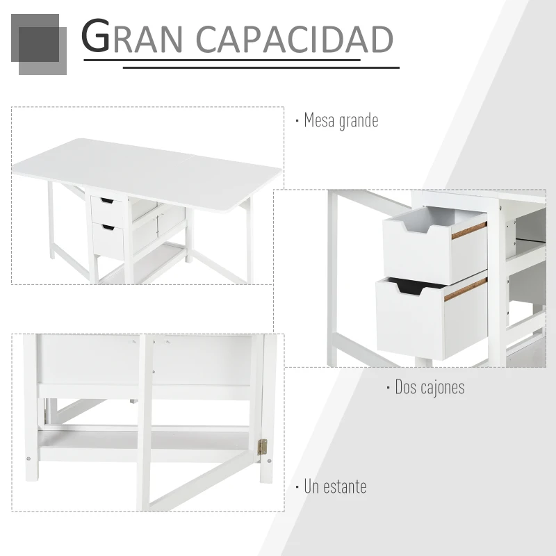 HOMCOM Mesa de Comedor Plegable Mesa Extensible con 2 Alas Laterales 2 Cajones y 1 Estante Almacenaje para Cocina Carga Total 50 kg 150x80x74 cm Blanco