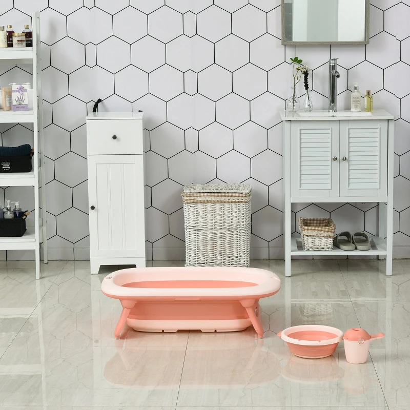 HOMCOM Bañera para Bebé Plegable 3 en 1 Juego de Ducha para 0-3 Años Portátil Bañera Lavabo Taza de Champú Ergonómico con Base Antideslizante 84,5x50,5x24 cm Salmón