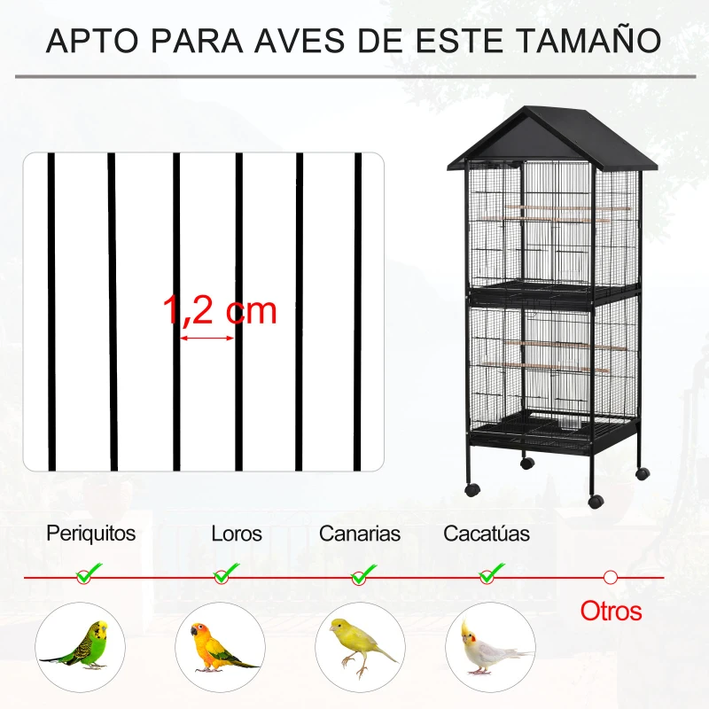 PawHut Jaula para Pájaros Grande de 2 Pisos Convertible en Sola Jaula con Ruedas 8 Comederos 4 Perchas y Bandejas Extraíbles para Canarios Loros 71,5x72x170 cm Negro
