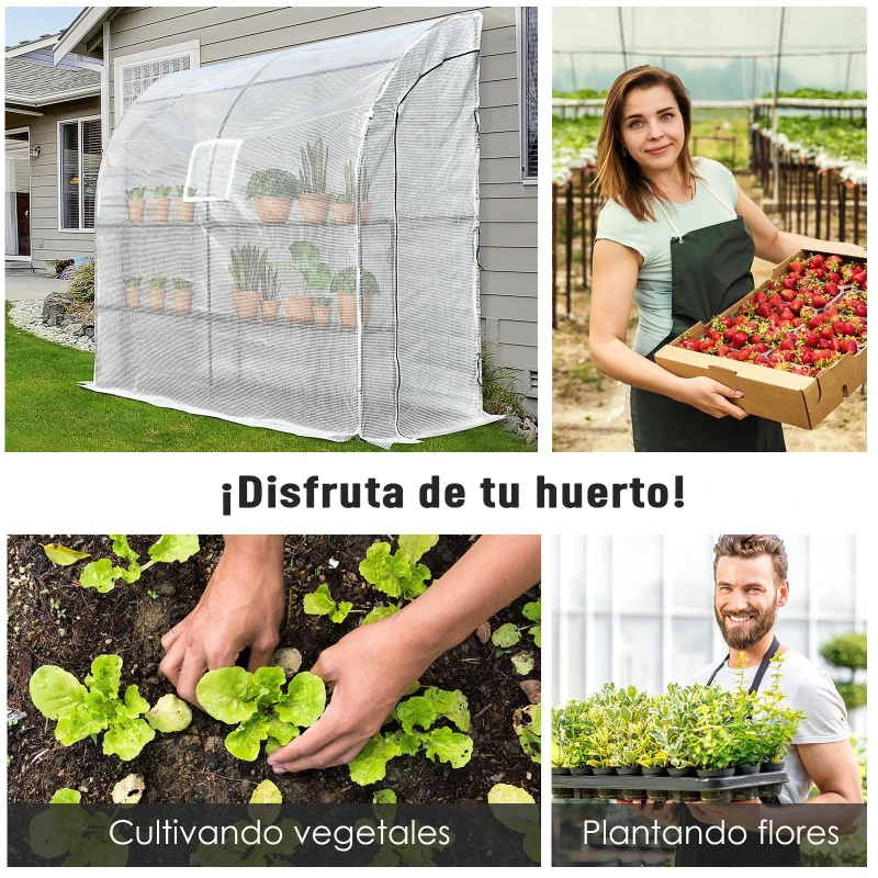 Outsunny Invernadero de Pared para Jardín Terraza con 4 Estantes Cubierta de PE y Tubo Acero Vivero Casero para Cultivo de Plantas Flores Macetas 200x100x215 cm Blanco
