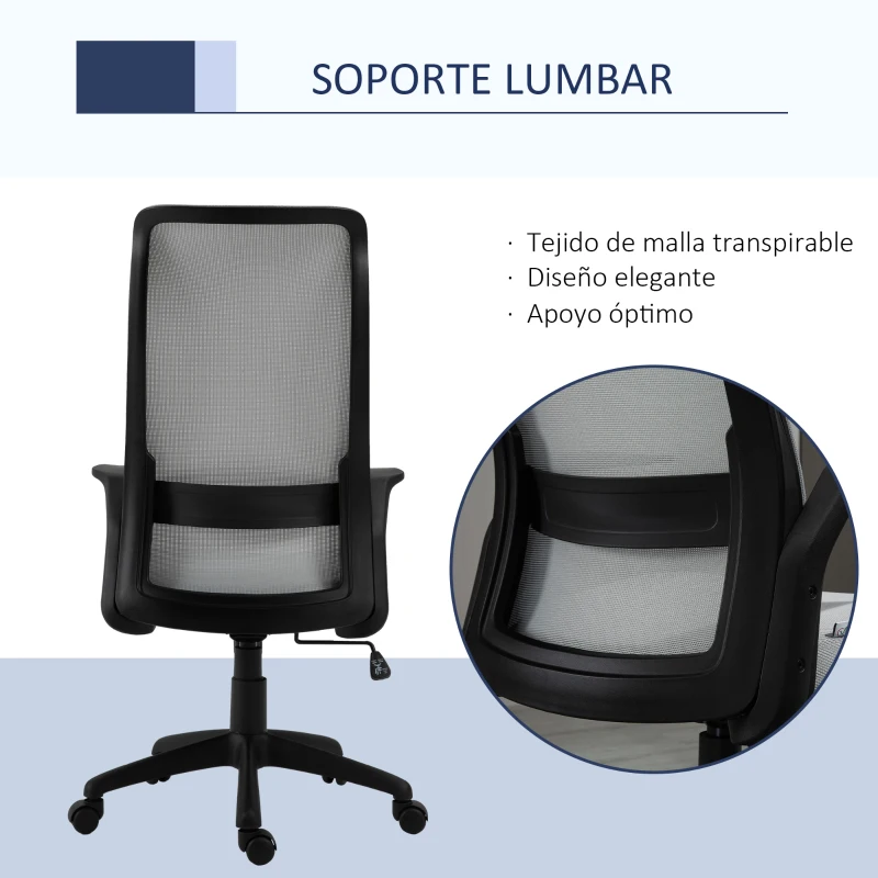 Vinsetto Silla de Oficina Ergonómica Silla Escritorio Giratoria con Altura Ajustable Reposabrazos Soporte Lumbar y Respaldo Alto Transpirable 62x62x113-122 cm Gris