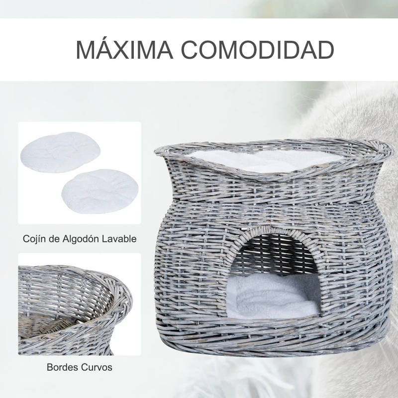 PawHut Cesta de Mimbre para Gatos de 2 Alturas con Cama y Cueva con Cojines Lavables 56x37x40 cm Gris