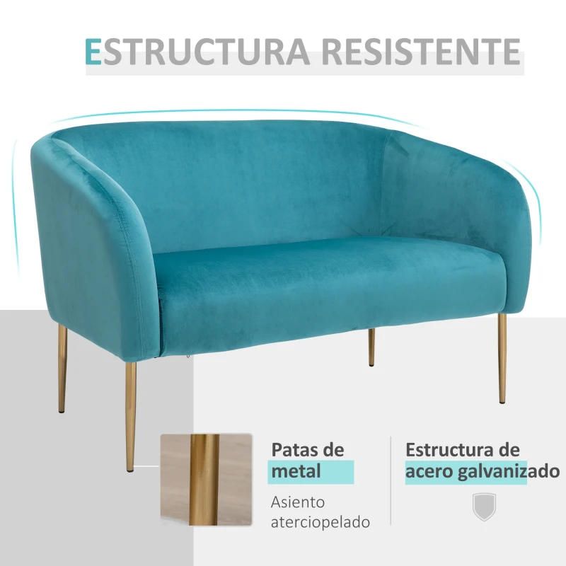 HOMCOM Sofá de 2 Plazas Sofá Doble Moderno con Patas Metálicas Asiento Acolchado Apoyabrazos y Respaldo Curvos para Salón Dormitorio 124x73x76 cm Turquesa Claro