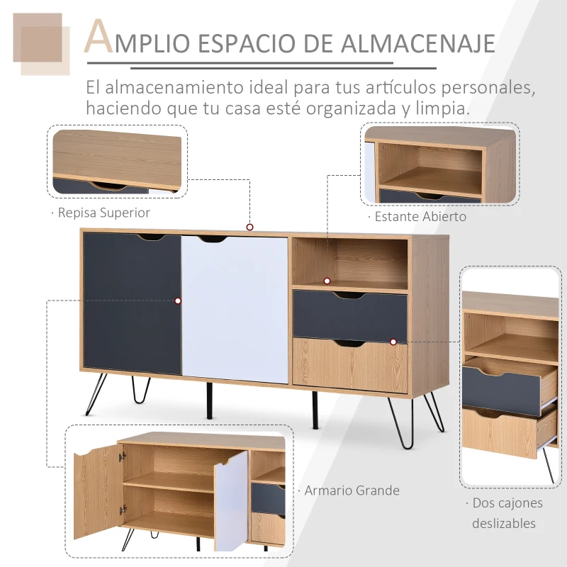 HOMCOM Aparador Auxiliar Gabinete Espacio Amplio para Almacenaje con 2 Cajones Estante Abierto Tablero de Partículas Natural 140x39,5x75cm