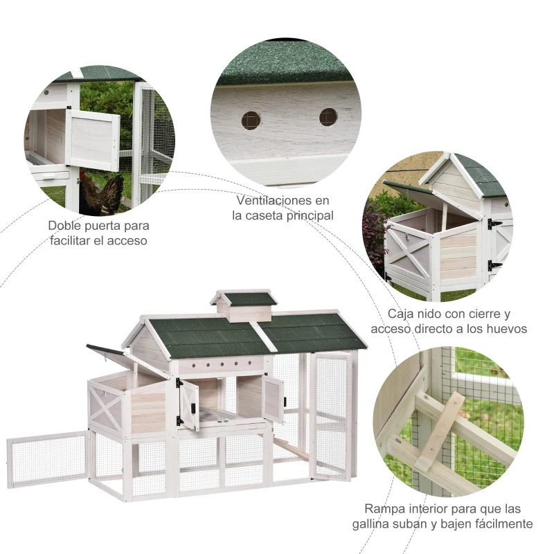 PawHut Gallinero Exterior de Madera de Abeto Jaula para Gallinas Pollos con Zona Abierta Ponedero Bandeja Extraíble y Techo Abatible 180x80,5x130 cm Blanco y Verde