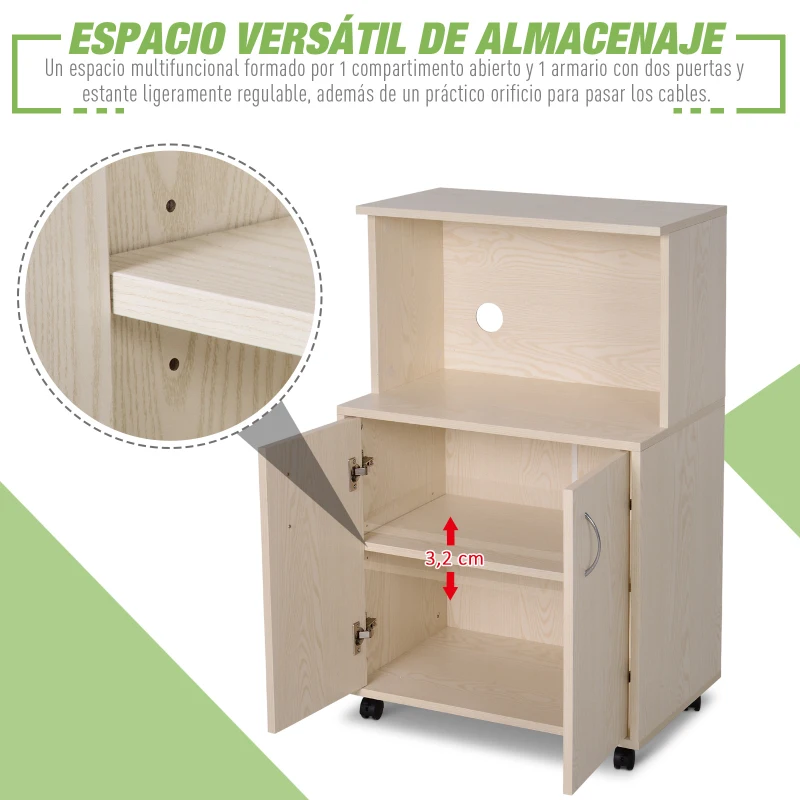 Aparador Auxiliar Bajo de Cocina Mueble Auxiliar para Microondas con 4 Ruedas (2 con frenos ) Armario para Almacenaje con 2 Puertas 60.4x40.3x97cm